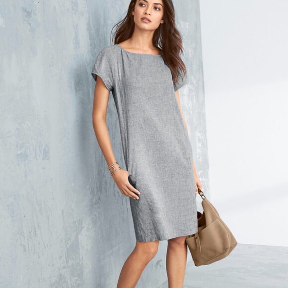 Eileen Fisher bateau neck knee length hemp/cotton dress, petite med., shift - Picture 2 of 11
